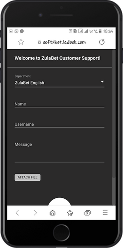 Mobile screenshot of the Zulabet support page